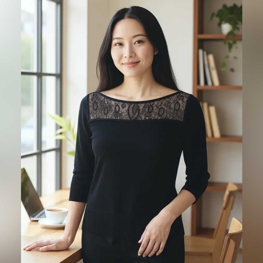 WHBM Black Lace Shirt with 3/4 Sleeve and Keyhole Neck Ribbed Size S